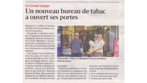 Article Le Dauphiné Libéré - 20 juil. 2025 Un nouveau bureau de tabac a ouvert ses portes