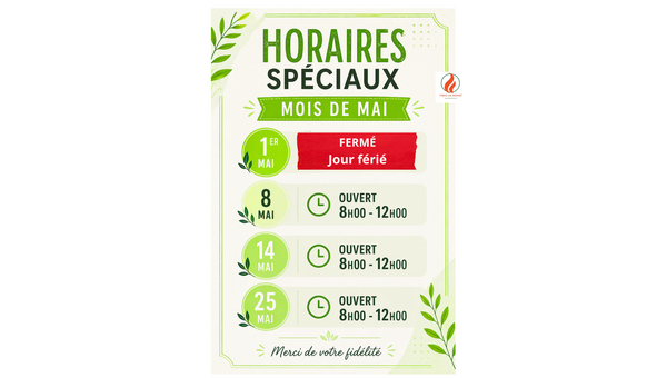 Nos horaires du mois de Mai